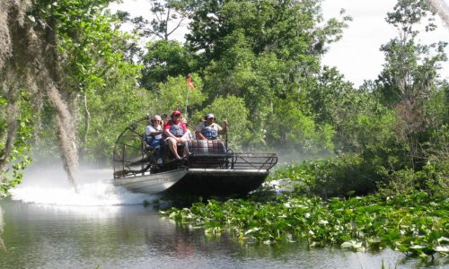 Group on airboat going over water and green plants with Captain Fred's Airboat Nature Tours