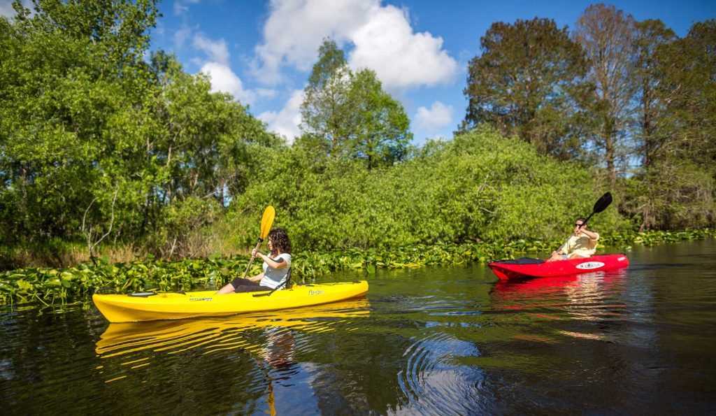 male and female kayaking at Lake Kissimmee State Park in Lake Wales, FL