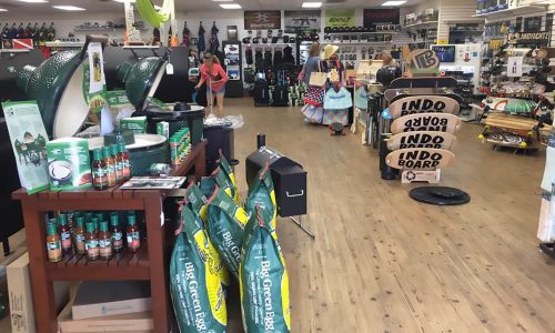 retail floor at Off the Wall Adventures. Grills, indo boards, skate boards and more