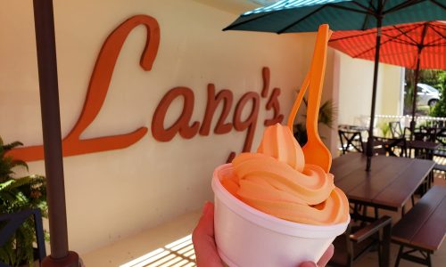 person hold up orange ice cream in front of Lang's Taste of Florida sign