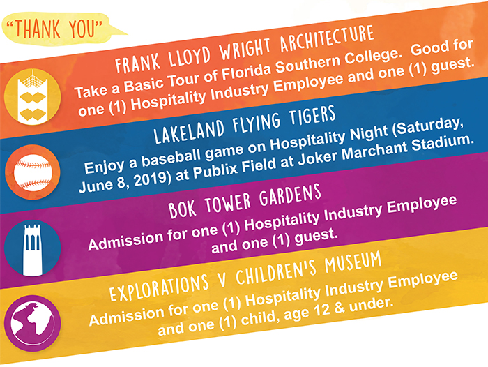 colorful graphic showing options for Polk County tourism week offers for hospitality industry employees 