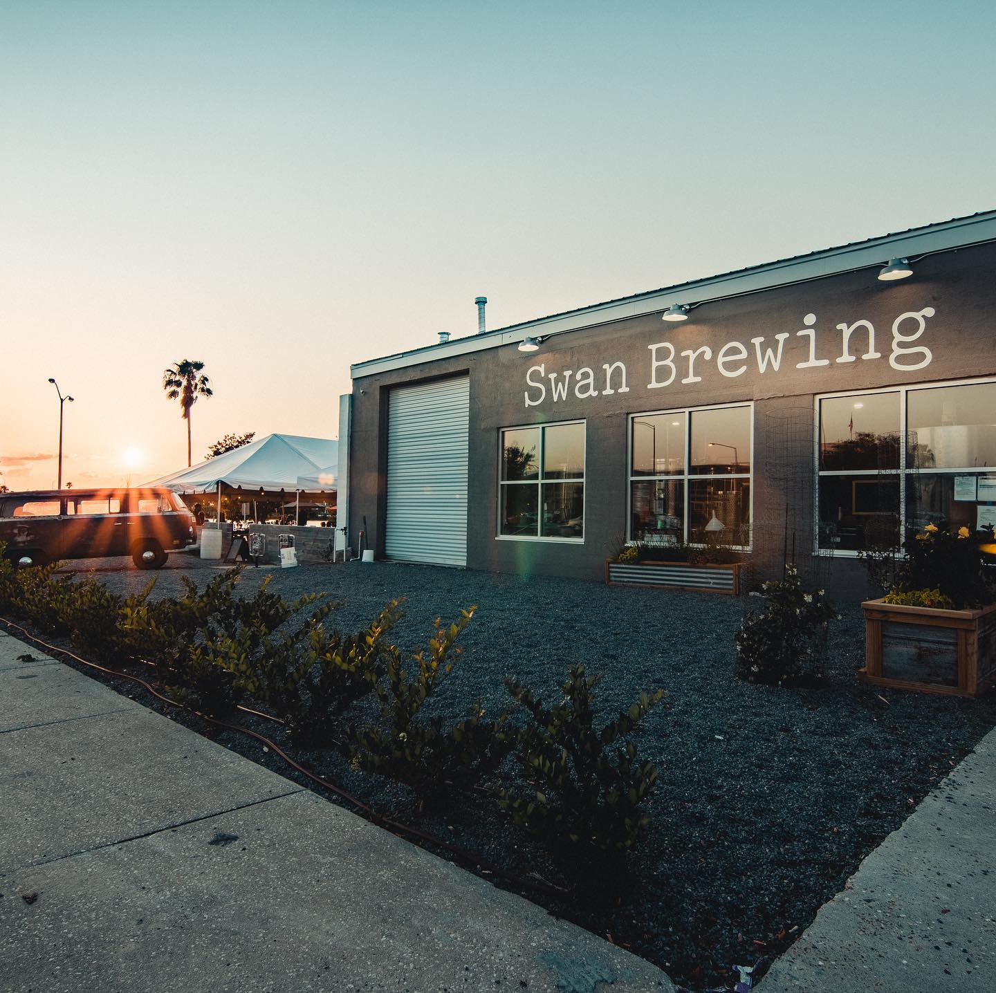 outside sunset at swan brewing in lakeland, fl