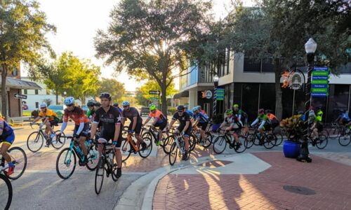 cyclists in downtown Bartow, FL during Bloomin Bike Ride