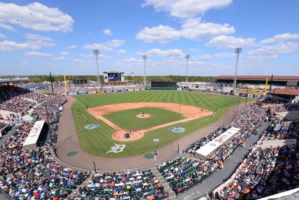 Vista aérea de Publix Field en Joker Marchant Stadium durante un juego de entrenamiento de primavera de los Tigres de Detroit en Lakeland, FL.