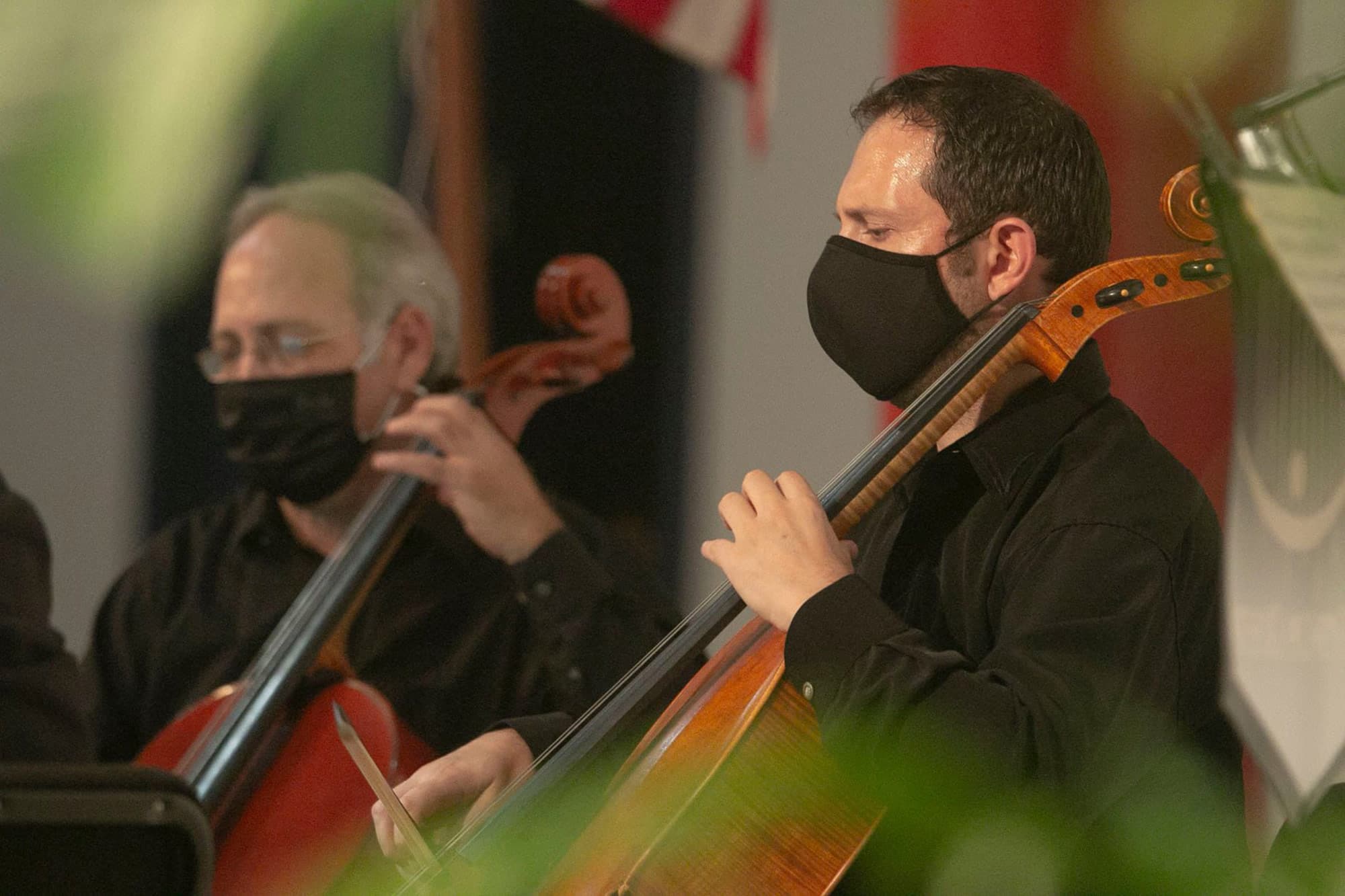 Lakeland Symphony Orchestra chamber ensemble wearing masks during performance in photo for Kingdom of Sweets