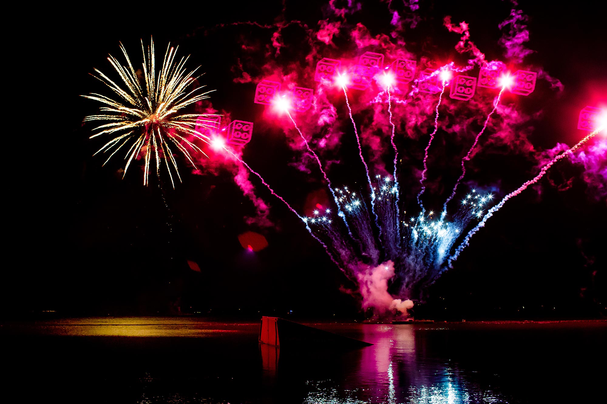 LEGO fireworks over lake at during Holidays at LEGOLAND