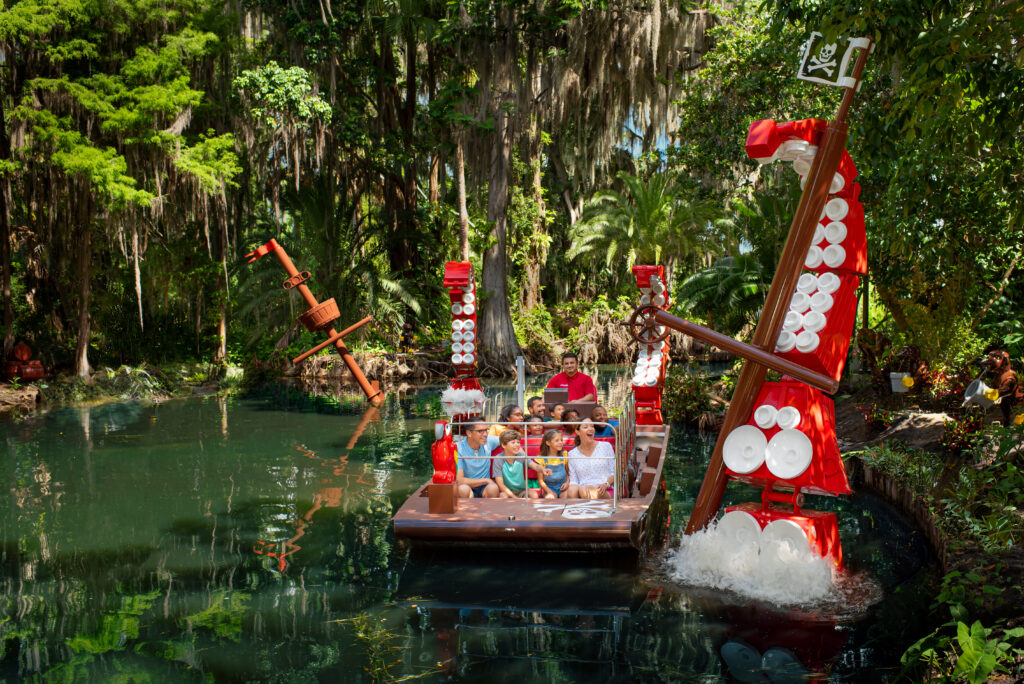 Family riding on Pirate River Quest ride at LEGOLAND Florida
