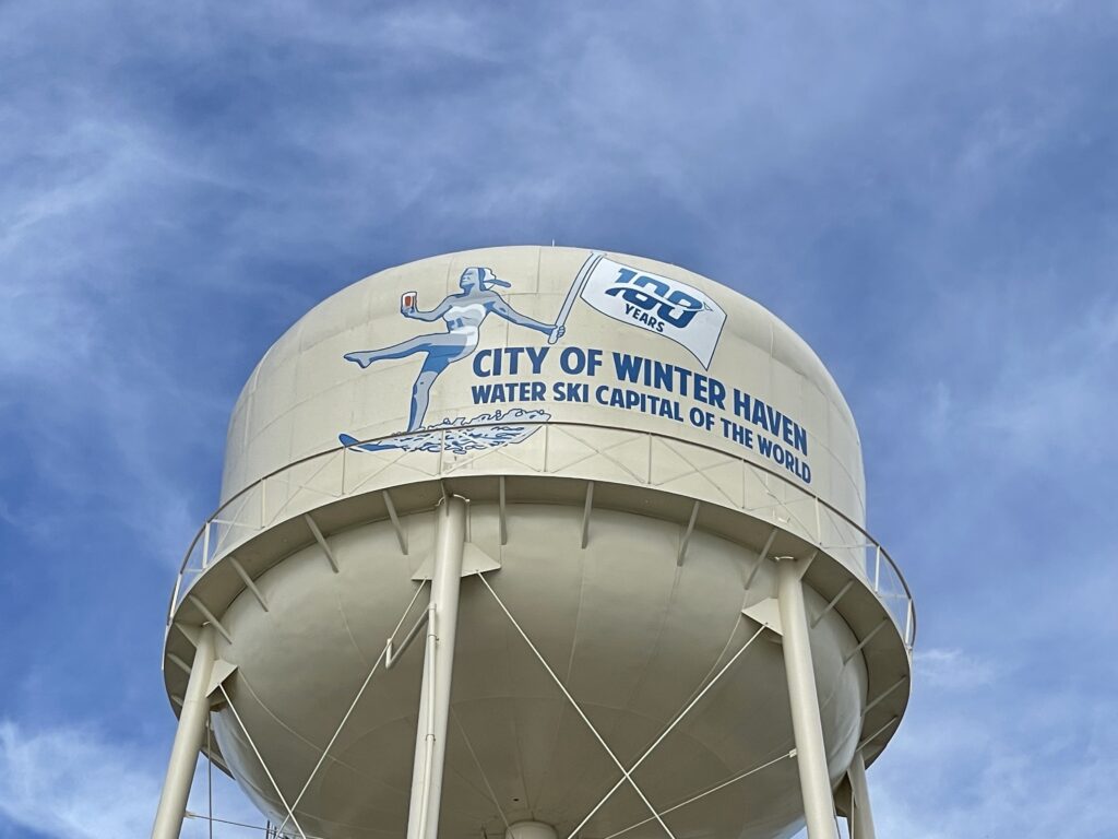 Winter Haven water tower painted with the 100th anniversary of water ski logo.