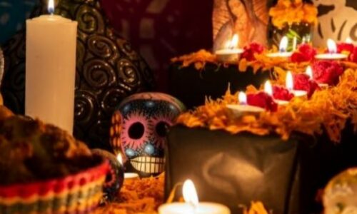 Celebration of Souls event display with Dia de Loas Muertos objects