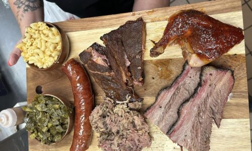 Tray of BBQ meat from Low and Slow Smokehouse.